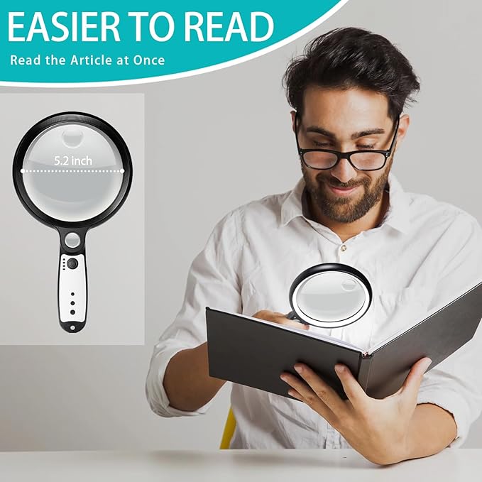 Large Magnifying Glass with 37 LED Light and Case, 10X 20X 45X Handheld Illuminated Lighted Magnifier with 3 Light Modes Rechargeable Magnifying Glass for Seniors Reading, Inspection (Black & White)