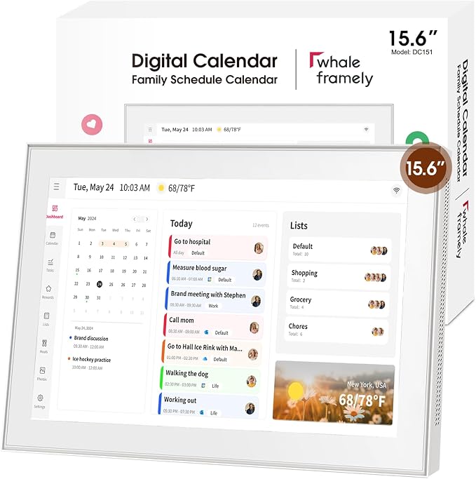 Whale Framely 15.6 Inch Digital Wall Calendar Touchscreen, Smart Family Schedule & Chore Chart, IPS FHD Wall Planner with Auto-Rotate, Wall Organizer, Gift for Women/Men,Father/Grandpa