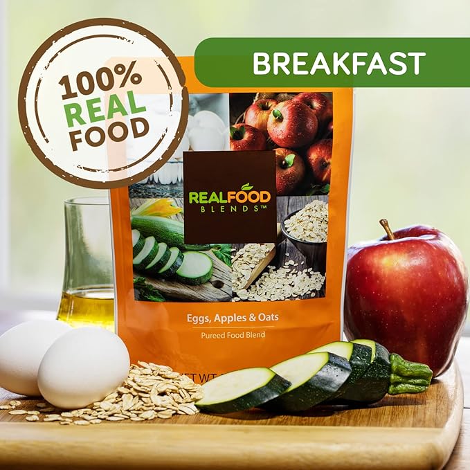 Real Food Blends Eggs, Apples & Oats - Pureed Food Meals for Tube Feeding with Protein, Vegetables & Fruits - 320 Calories for Breakfast, Lunch & Dinner - 9.4 oz (Pack of 12)