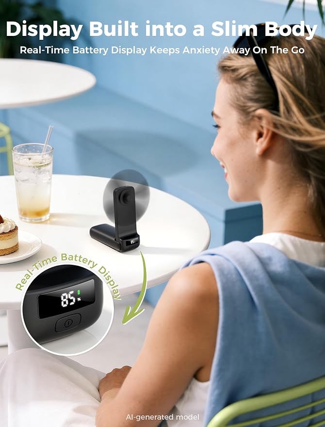 Aecooly Slim Portable Fan with Digital Display, Thin Handheld Fan | USB Rechargeable Mini Personal [24H Max Cooling Time], Battery Powered Small Foldable Pocket Gifts for Women, Travel -Black