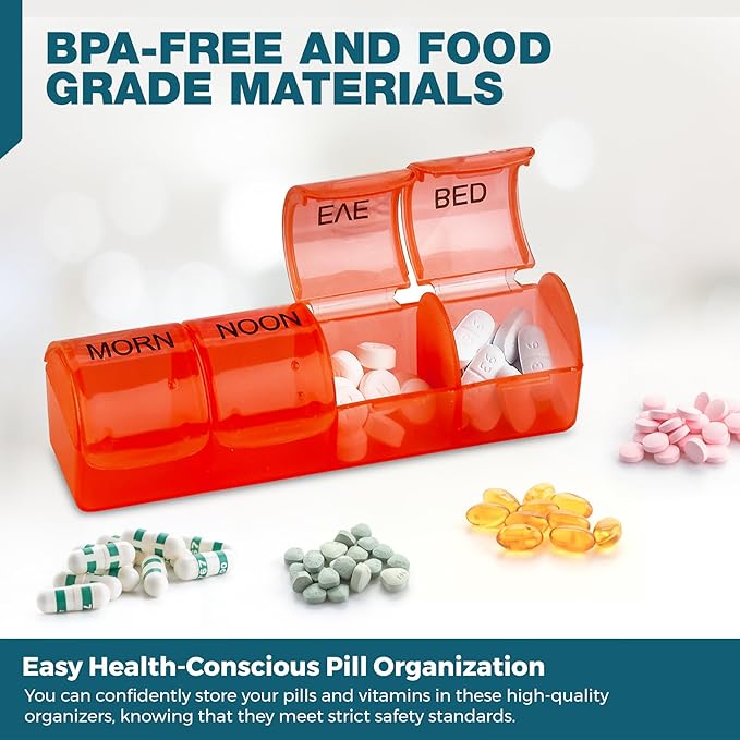 Weekly Pill Organizer - Pill Planners for Pills and Vitamins Day Week, 4 Times-a-Day Medication Reminder, AM PM Compartments Monday to Sunday for Travel or Purse (Case of 40)