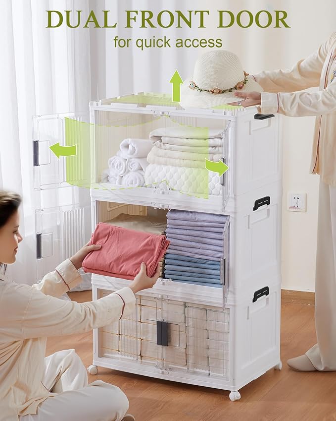 OlarHike 76QT Lockable Storage Bins with Lids - Folding Storage box with Doors and Wheels, Collapsible Plastic Bins for Closets, Stackable Organizer and Containers, Gifts, 3 Pack Cubes