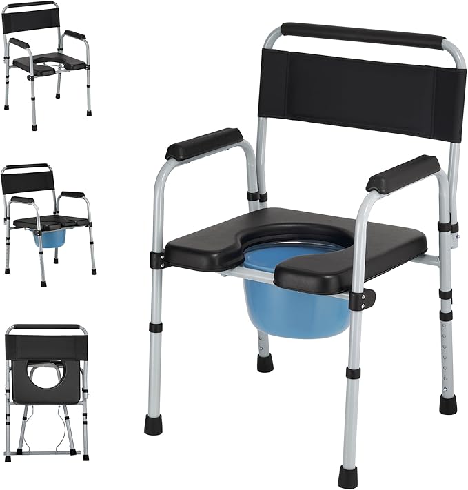 Bedside Commode, Foldable Adjustable Commode Toilet, 350 lb Capacity, Portable Bedside Toilet with Padded Seat & Backrest,bedside commodes for seniors and Mobility-Impaired Individuals