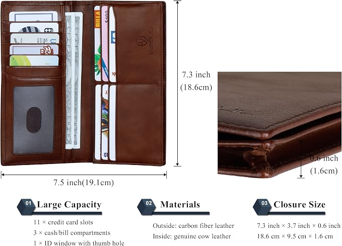 VISOUL Leather Checkbook Cover Wallet for Men with RFID Blocking, Mens Long Bifold Cash Tall Wallet with 11 Credit Card Slots 1 ID Window (Brown)