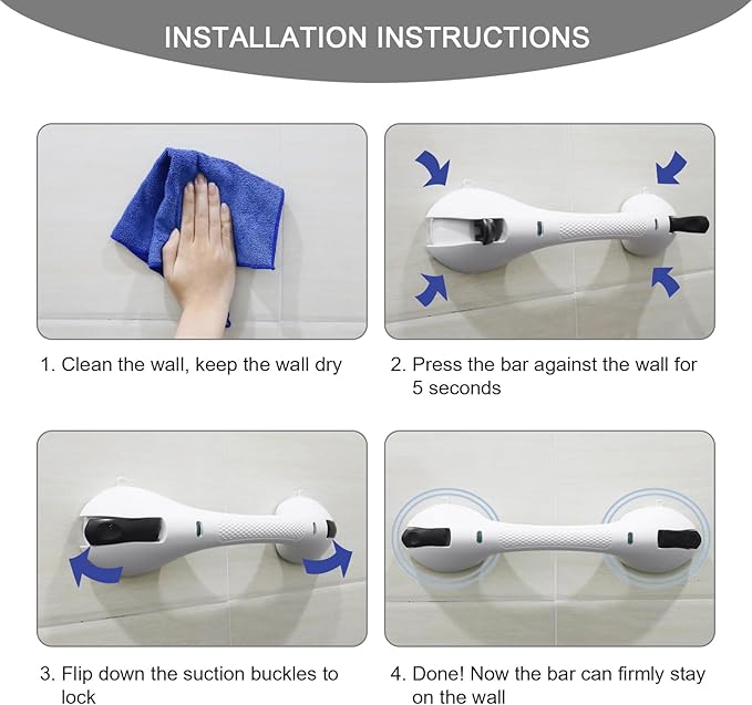 Suction Grab Bar for Shower Bathtub: Upgraded Heavy Duty Non-Slip Grip Handle with Strong Suction Cup for Bathroom Wall, Max Load 269LBS Safety Bar for Elderly Senior