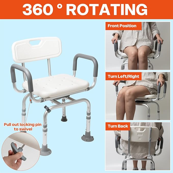 Shower Chair 360° Swivel Shower Chair for Inside Shower,Portable Seat with Back & Arms, Adjustable Height Seat for Bathtub,Tub Bench Stool for Bathroom Mobility Seat for Elderly, Disabled