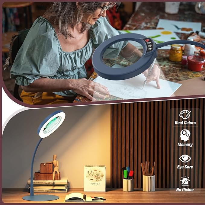 10X Magnifying Glass with Light and Stand, 5 Color Modes Stepless Dimmable LED Lighted Desk Lamp, Hands Free Flexible Gooseneck Magnifier with Light for Craft Hobby Painting Close Work - Blue