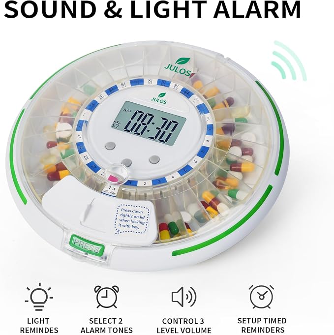 JULOS 28-Day Automatic Pill Dispenser for Seniors with Alarm | Flashing Light & Loud Alert, Key Lock Security, Up to 6 Daily Doses, Medication Reminder for Seniors, Dementia & Caregivers