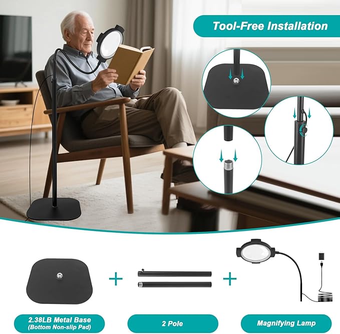 10X 30X Floor Magnifying Glass with Light and Stand, Large 54-LED Dimmable Magnifying Floor Lamp, 2 in 1 Lighted Magnifier for Reading,Close Work,Sewing, Crafts