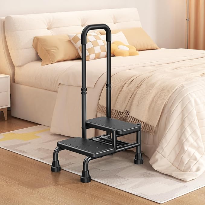 2 Step Stool with Handle for Seniors - Adjustable Handrail &Non-Skid Platform, Heavy Duty 2 Step Stool for Adults, Elderly, Foot Stool for Bedside, Kitchen, Car, Bathtub