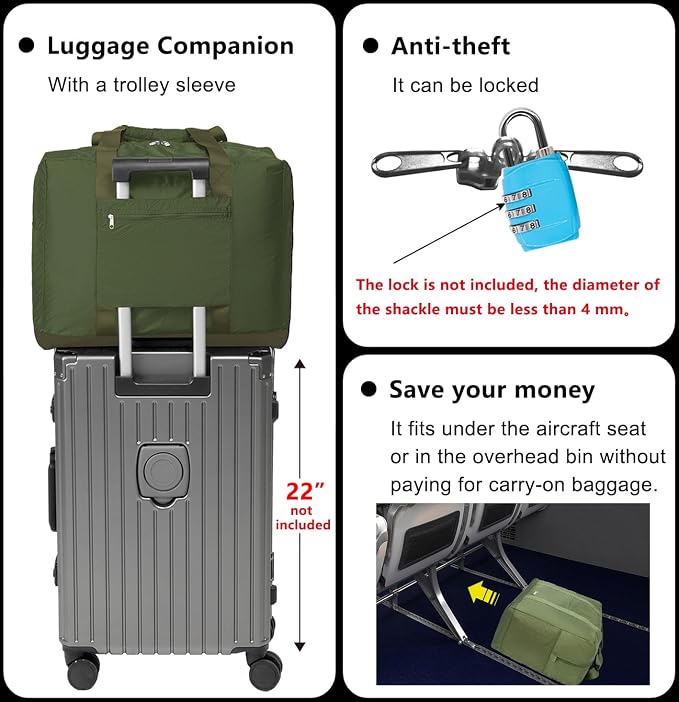 Foldable Travel Duffle Bag with Trolley Sleeve 40L Capacity, Lightweight Packable Travel Duffel Bags with the Keyhole Zipper, Weekender Overnight Nylon Carry on Bag for Men & Women, Army Green