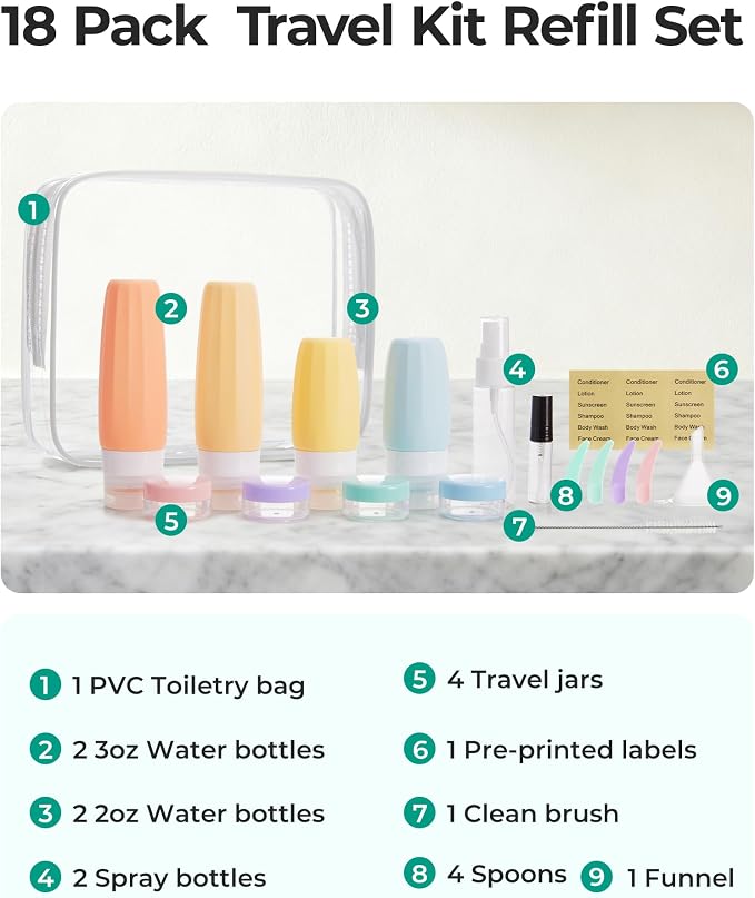 BAGSMART 18 Pack TSA Approved Travel Bottles for Toiletries, Leak Proof Silicone Travel Size Containers Bottles for Shampoo, Rose Pink