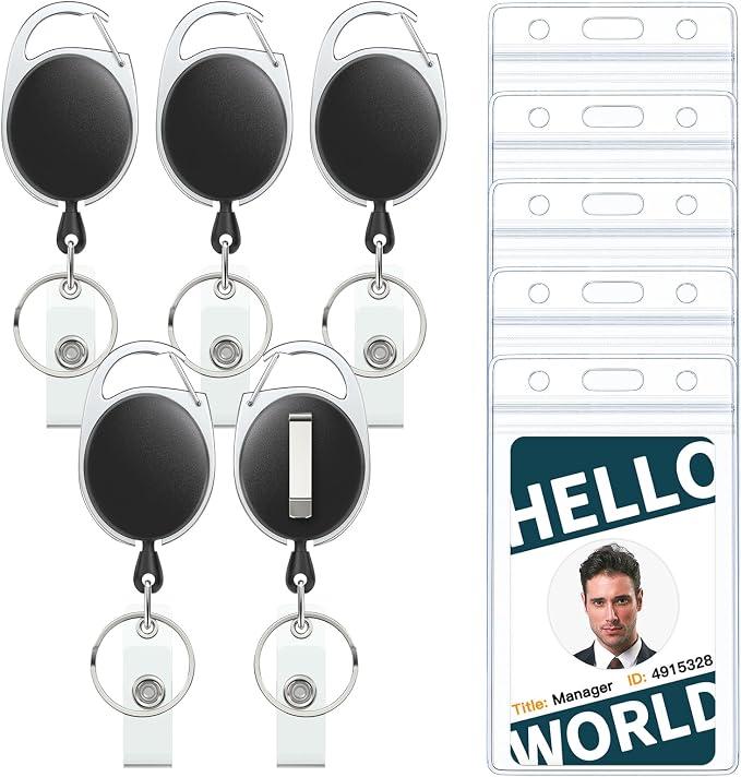 Uniclife 5 Pack Badge Holder Vertical Clear Plastic Case with Retractable Badge Reel Carabiner Clip Soft Waterproof Card Protector for IDs Credit Cards Proximity Cards Driver’s Licenses and Passes