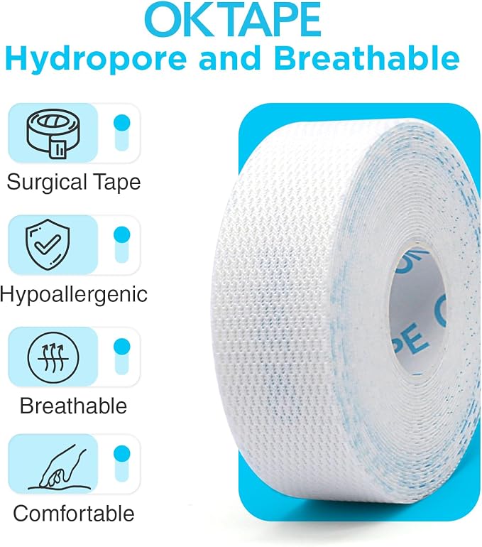 OK TAPE Hypoallergenic Surgical Tape 1 inch x 5.5yd |12 Rolls,Dry Medical Tape for Skin, Tube, Dressings, Wound First Aid Tape