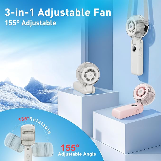 Portable Fan Handheld, Powerful Cooling Misting Fan Rechargeable | LED Display, 100 Speed Stepless Control, 155° Foldable, Personal Mist Fan for Outdoor, Travel, Makeup, Gifts for Men Women