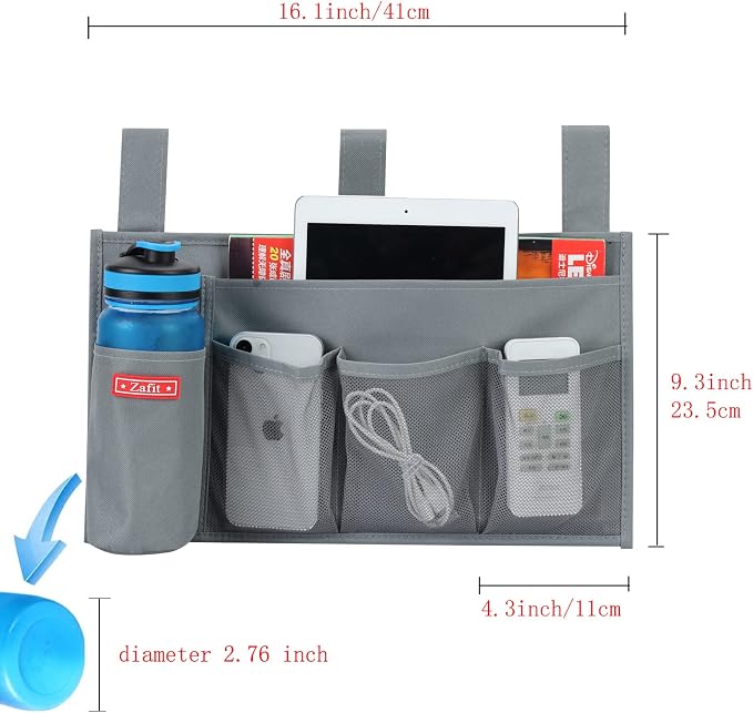 Zafit Hanging Bedside Caddy, Bedside Storage Organizer for Magazine, Phone, Remote control (5 Pockets-Grey)