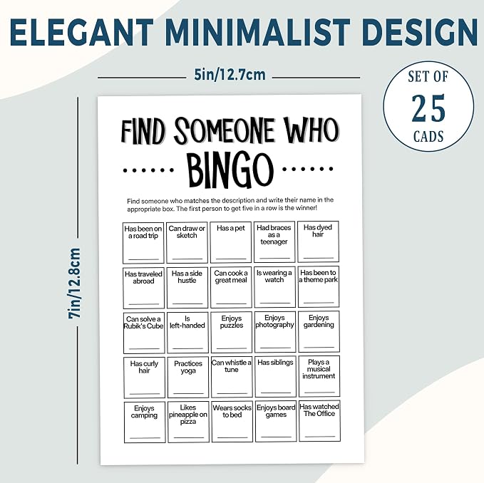 Team Building Games for Work Adults – Find Someone Who Bingo Game, 25 Unique Human Bingo Cards 5x7 Inch, Ice Breaker & Office Games for Parties, Meetings & Events - A01