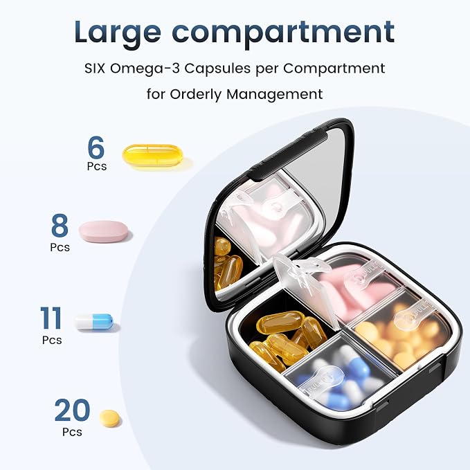 Betife Travel Pill Organizer for Purse, Small Cute Pill Box with Mirror, 4 Large Compartment Pill Case, Waterproof Medicine Container, Portable Vitamin Case BPA-Free (Classic Black) | Compact,Waterproof,Bpa-free,Stylish,4 Compartment