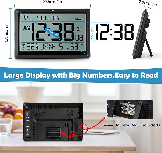 SZELAM Atomic Clock,10.5"Large Display Digital Wall Clock Battery Operated,Digital Calendar Auto Setting Desk Clocks with Indoor Temperature,Humidity,Date,Day,Auto DST for Elderly Bedroom-No backlight
