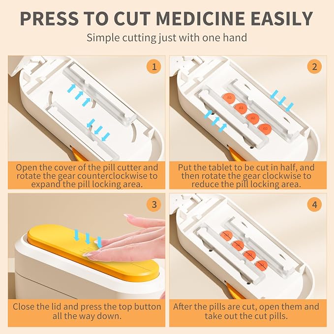 ONTERATE Pill Cutter Splitter for Small & Large Pills, Adjustable Pill Splitter with Safety Guard Hidden Sharp Stainless Steel Blade, Portable Tablets Cutter Cutting Tablets in Half at a Time (Grey)