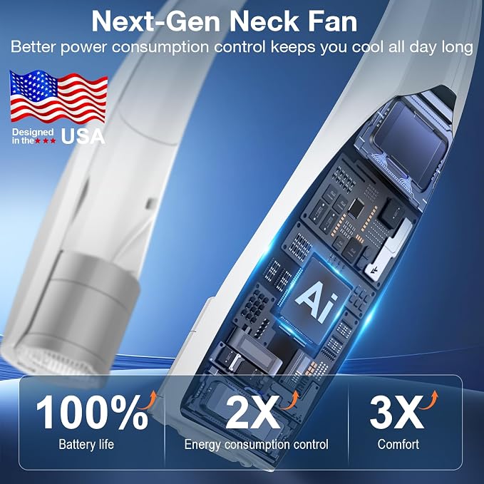 Portable Neck Fan, 6 Speeds Rechargeable Personal Fan with AI Chips, Hands-Free 360° Faster Cooling Wearable Fan, Ultra Quiet for Home, Office, Travel, Indoor, Outdoor - Grey