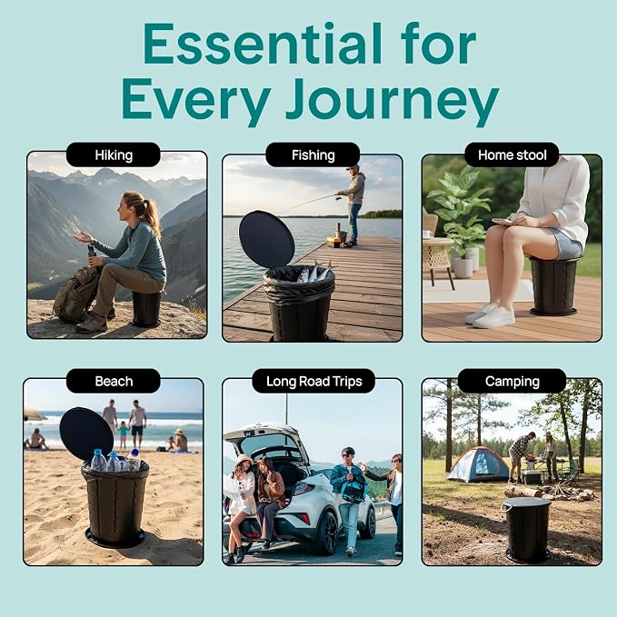 SereneLife Foldable Toilet Seat for Camping, Adjustable Height Portable Travel Potty with Lid, Carry Bag, Non-Slip Base, 331 lbs Capacity + 3-Pack Flushable Wipes, for Car, Hiking, Outdoor Use, Black