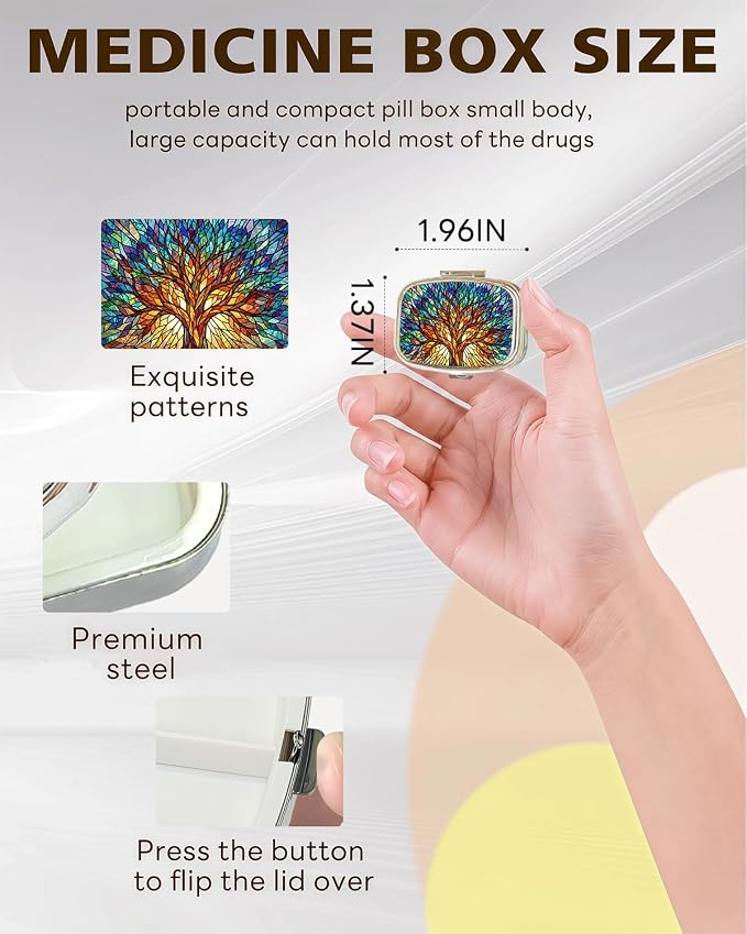 LRITER Pill Case, 2 Compartment Portable Small Travel Pill Organizer for Purse and Pocket, Stylish Medicine Case with Multiple Patterns, Daily Pillbox for Home & Travel (Glass Tree)