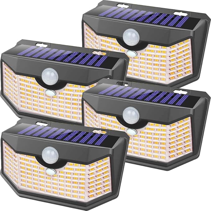 HMCITY 120 LED Solar Lights Outdoor Motion Sensor, 4 Pack, Black Warm | 3 Lighting Modes, IP65 Waterproof, Front Button Control, Wide Solar Wall Lights Ideal for Garden Patio Yard