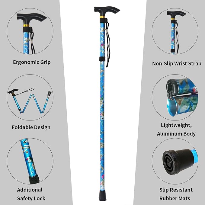 Folding Canes for Men and Women, Floral | 5-Level Adjustable Height, Lightweight Collapsible, Aluminum, Wrist Strap, T Handle, Walking Sticks for Seniors Adults