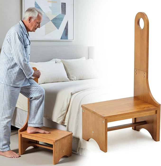 Wooden Step Stool with Handle for Adults, Elderly & Seniors, 9'' Wood Bedside Steps for High Beds Heavy Duty Antislip One Step Stool Platform Holds up to 400 Lbs for Kitchen Bathroom