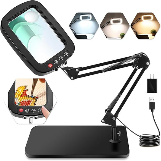 10X 30X Magnifying Glass with Light and Stand,Large Desk Lamp Magnifiers | Large Crystal-clear Magnifies,3 Color Modes&10 Brightness Levels for Reading,Crafting,Repair,flexible Arm,Large Stable Base