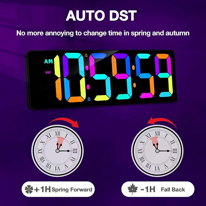 17.2" Large Digital Timer Wall Clock with Remote Control, Count Down Up Digital Timer, Auto DST LED Big Digital Clock for Bedroom Kitchen Living Room Office Gym Home Decor, RGB
