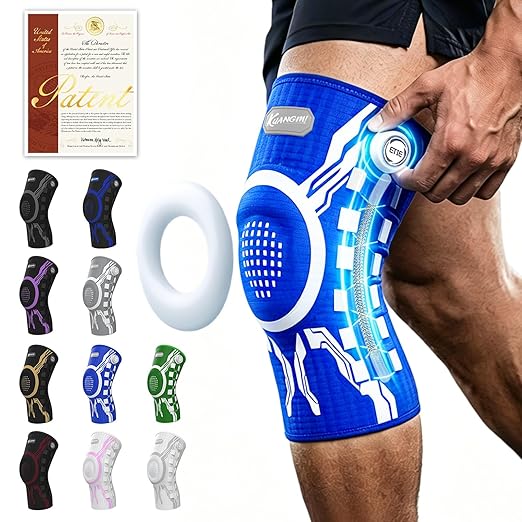 Kuangmi Knob Knee Brace for Pain Relief, Knee Support with Patella Gel Pad & Side Stabilizers, Compression Knee Sleeve for Workout, Arthritis, Joint Pain, Meniscus Tear (Blue White,Left,X-Large,Single)