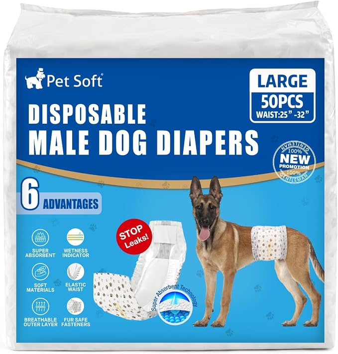 Pet Soft Dog Diapers Male - Disposable Male Dog Wraps Wetness Indicator, Ultra Absorbent Doggie Diapers Comfortable for Incontinence Excitable Urination, 50pcs Large