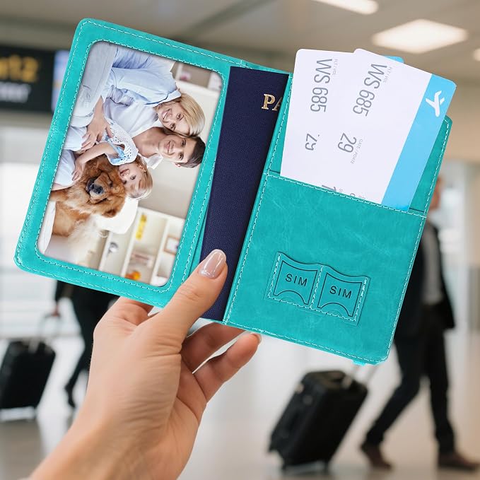 Passport Holder for Travel, RFID Blocking Passport Cover with Pen Holder Leather Passport Wallet Case Travel Must Haves Accessories Passport Book Card Holder for Family Travel Essentials, Turquoise