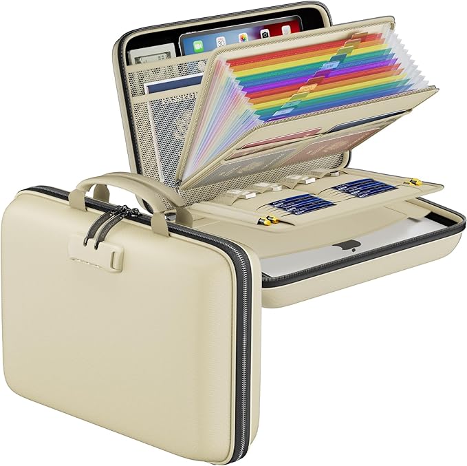 DocSafe Fireproof File Organizer with Lock, Hard-Shell Case Fireproof Document Box with 13 Pocket Accordion File Folder, Portable Home Office Travel Safe Storage for Important Documents Laptop Beige