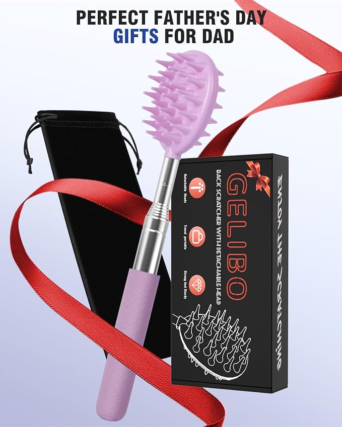 Telescoping Back Scratcher with 5 Detachable Heads, Gift for Men Dad Purple | 10-31'' Reach,Stainless Steel, Non-Slip Grip, Birthday Gifts for Men Women, Christmas Stocking Stuffers, White Elephant Gifts
