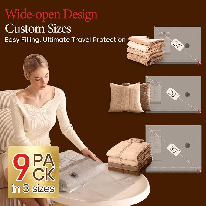 Vacbird Travel Vacuum Bags with Rechargeable Pump, Carry-On Space Saver | See Contents Easily with Transparent Bags, 1500mAh Pump Compresses 90+ Bags, Carry-On Size for Easy Travel Packing