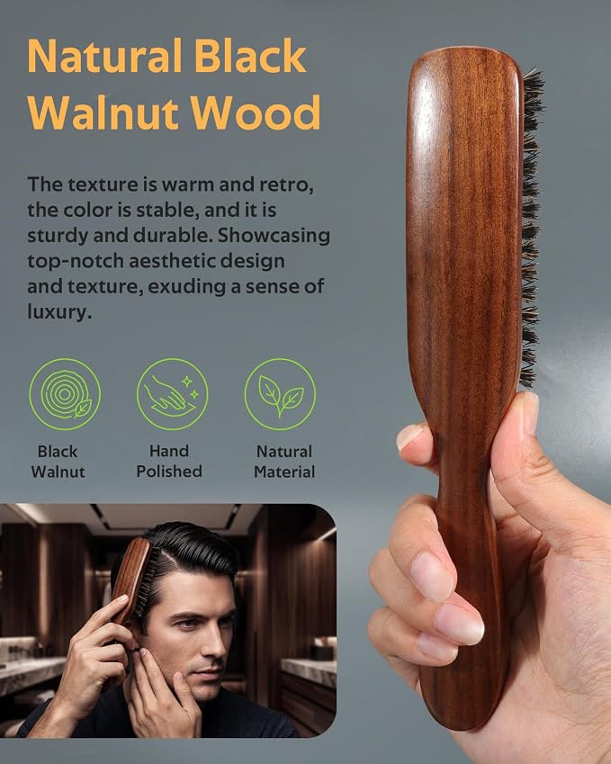 STYLEMATE Boar Bristle Mens Hair Brush | Slick Back Beard Brush with Natural Black Walnut Wooden Handle and Stiff Bristles for Thick & Fine Hair