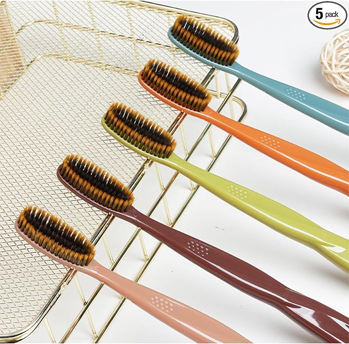Adult Extra Soft-bristled toothbrush‌ Bamboo Charcoal, Long Toothbrush Head,Periodontist Design Tapered Bristles for Sensitive Teeth & Receding Gums.【Extra soft bristles, 5 Count (Pack of 1)】