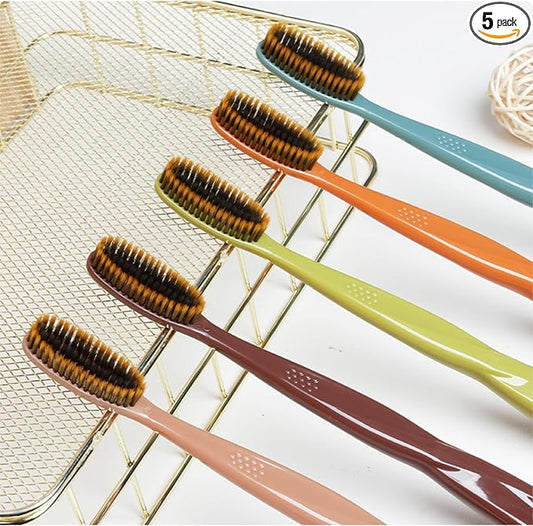 Adult Extra Soft-bristled toothbrush‌ Bamboo Charcoal, Long Toothbrush Head,Periodontist Design Tapered Bristles for Sensitive Teeth & Receding Gums.【Extra soft bristles, 5 Count (Pack of 1)】