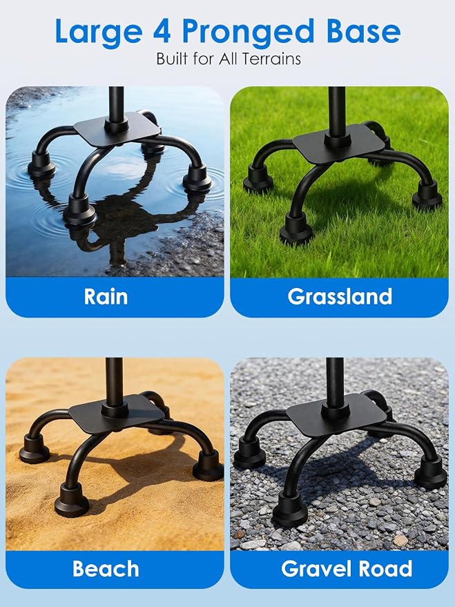 WHLICKS Quad Cane for Stability, Adjustable Walking Cane for Women & Men with A Large 4 Pronged Base for Balance, 350lbs Heavy Duty Cane with 4 Legs & Second Handle, Walking Sticks for Seniors