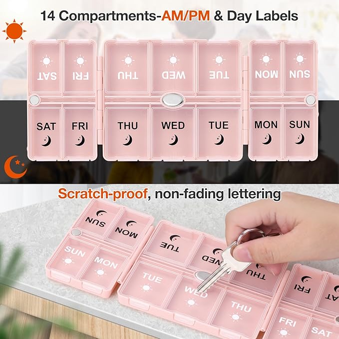 FYY Weekly Pill Organizer 2 Times a Day, Magnetic Travel Pill Box AM PM with Easy Open – 7-Day Daily Pill Case Medicine Organizer for Vitamins,Supplements - Pink
