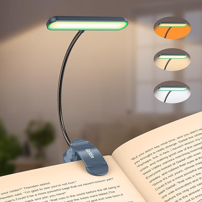 Gritin Rechargeable Book Light for Reading in Bed with 19 LED | Eye Caring 3 Color Temps, 5 Brightness Levels, Memory Function, 90 Hrs Runtime Flexible Goose Neck Clip on Light-Aquamarine