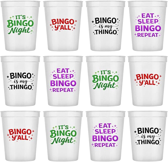 Yungyan 12 Pcs 16 oz Bingo Cups with Multicolor Funny Phrases, Frosted Reusable Plastic Party Supplies, Bingo Game Night Prizes Gifts for Family Christmas Birthday Celebration Accessories