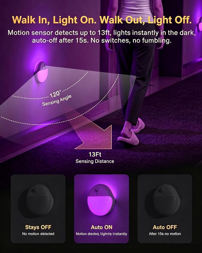 Purple Motion Sensor Night Light Battery Operated, Dim Sticky Light | 2 Pack, 3 Modes, Dimmable 1-15lm, Soft Glow, Wireless Motion Activated Violet Light for Girls, Bathroom, Bedroom, Adults