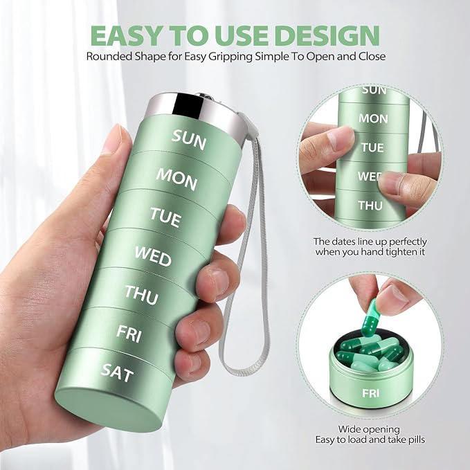 Metal Weekly Pill Organizer, Large Travel Pill Box, Portable Aluminum Alloy Waterproof Container, 7 Day Daily Medicine Organizer Holder for Vitamin, Fish Oil, Supplement, Mint Green