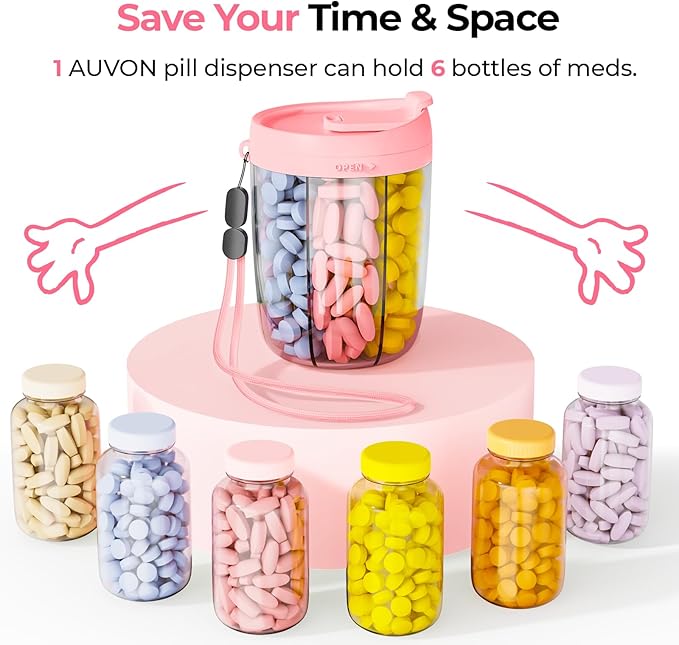 AUVON Large Pill Organizer, Pill Dispenser for Holding 6 Various Vitamins, Pill Box Case with Anti-Mixing & Wide Opening Design, Easy to Retrieve Meds, Includes 20 Pcs Stick-on Labels