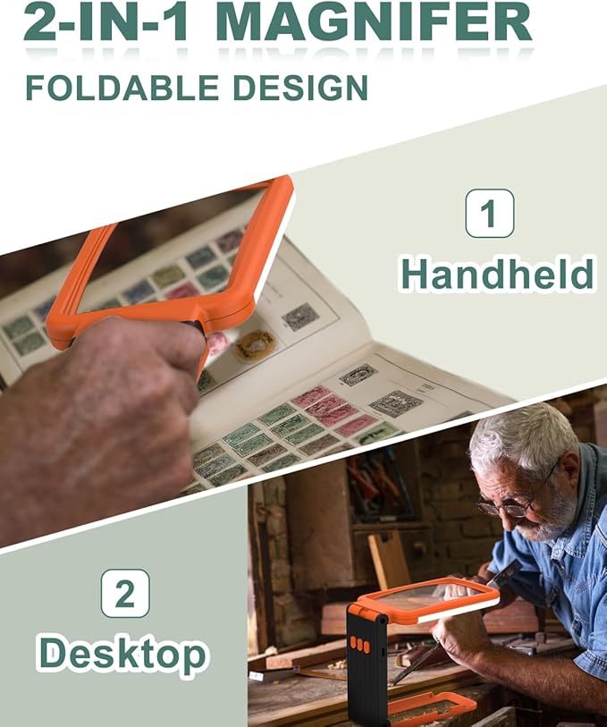 15X Magnifying Glass with Light and Stand, Rechargeable Folding Handheld Real Glass Magnifier, 3 Color Modes Dimmable Lighted Page Magnifier for Reading Small Prints, Seniors with Macular Degeneration