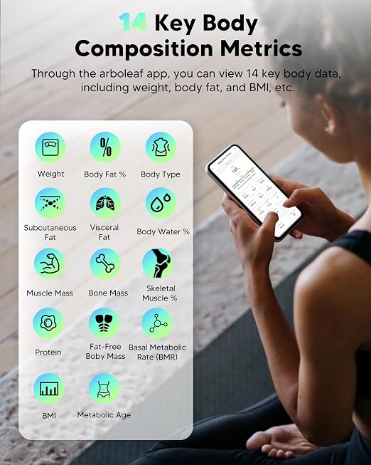 arboleaf Scale for Body Weight, 8-Electrode Smart Scale with BMI, Body Fat, Muscle Mass, Full Body Composition Analyzer, High Precision Digital Bathroom Scale